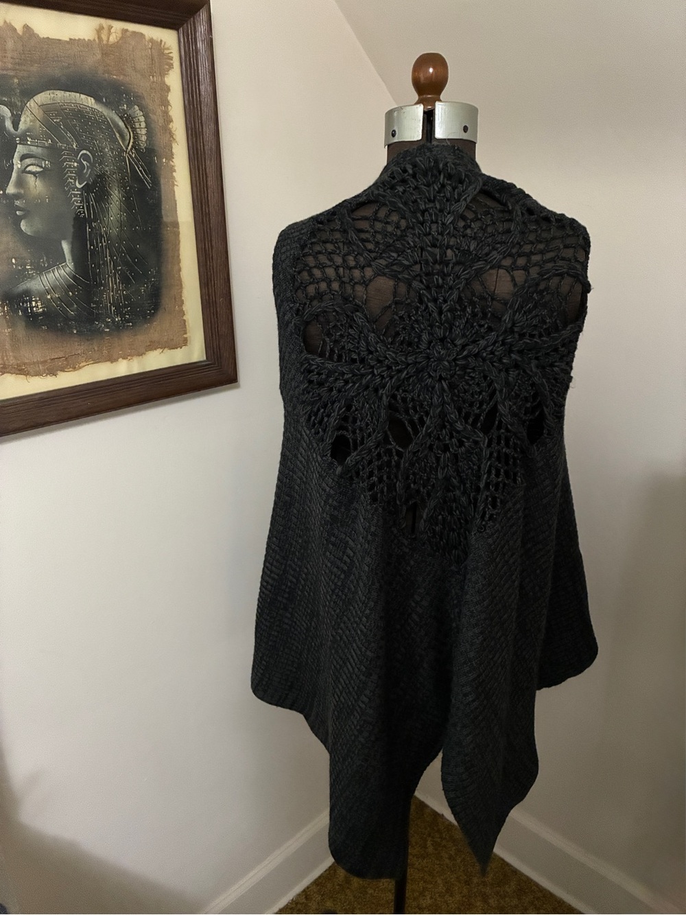 Free People Charcoal Gray Crochet Back Cape